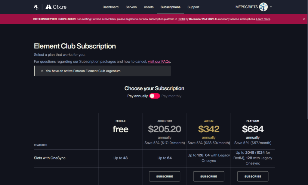 Manage Subscriptions in Cfx.re Portal instead of using patreon. Manage Element Club Subscription now directly in the portal.